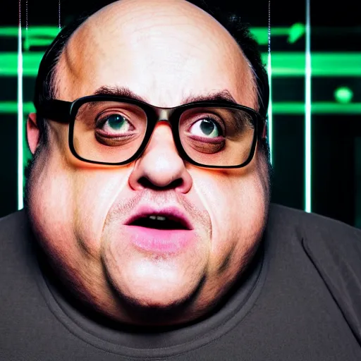 Prompt: obese danny devito as a hacker in the matrix, modelsociety, radiant skin, huge anime eyes, rtx on, perfect face, directed gaze, intricate, sony a 7 r iv, symmetric balance, polarizing filter, photolab, lightroom, 4 k, dolby vision, photography award
