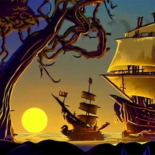 Prompt: a nighttime scene from monkey island adventure game detailed