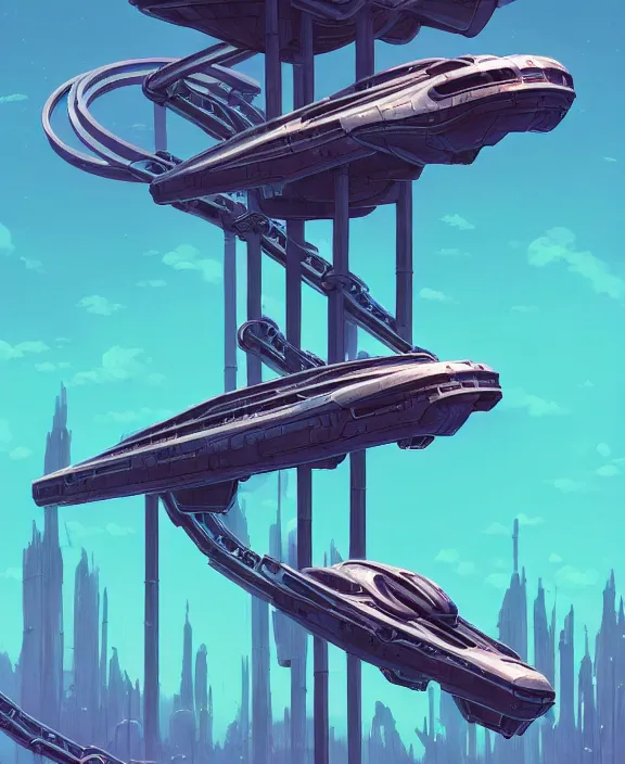 Image similar to simplicity, a roller coaster made out of simple weird organic creatures, in the style of a streamlined asymmetrical spaceship, bleak apocalyptic environment, by dan mumford, yusuke murata, makoto shinkai, ross tran, cinematic, unreal engine, cel shaded, featured on artstation, pixiv