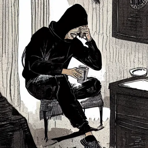 Image similar to a man in a black hoodie drinking tea in his house, vintage comic, greg rutkowski