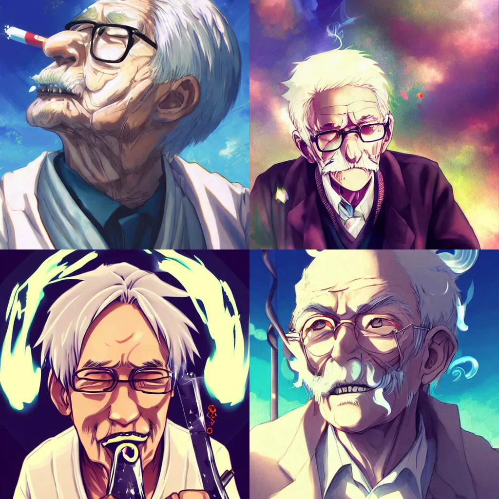 Prompt: anime old man smoking a cigarette, white smoke, chromatic aberration, art by Ross Tran