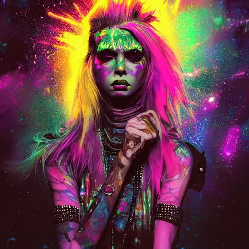 Image similar to splashes of neon galaxies, mowhawk, punk wizard portrait made out of paint, trending on artstation, epic composition, emotional, beautiful, rendered in octane, highly detailed, realistic, tim burton comic book art, sharp focus, unreal engine