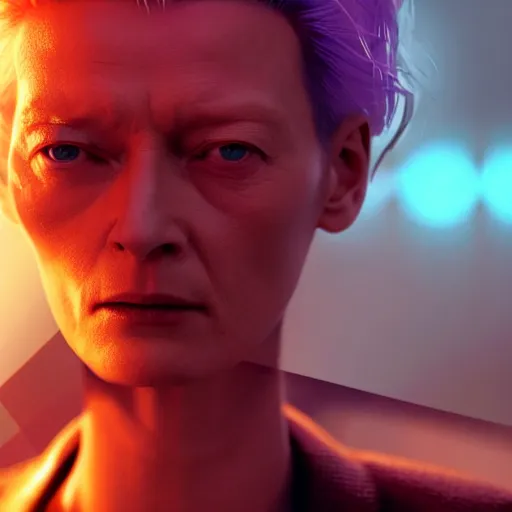 Prompt: cyberpunk tilda swinton, macro, vibrant, 30mm photography, realism artstyle, wide shot, dramatic lighting, octane render, hyperrealistic, high quality, highly detailed, artstation, HD, beautiful, cinematic, 8k, unreal engine, facial accuracy, symmetrical