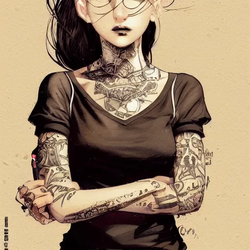 Prompt: french bar maid, tattoos, black t - shirt, black skirt, detailed portrait, intricate complexity, by greg rutkowski, artgerm, ross tran, conrad roset, takato yomamoto, ilya kuvshinov. 4 k, beautiful, cinematic dramatic atmosphere