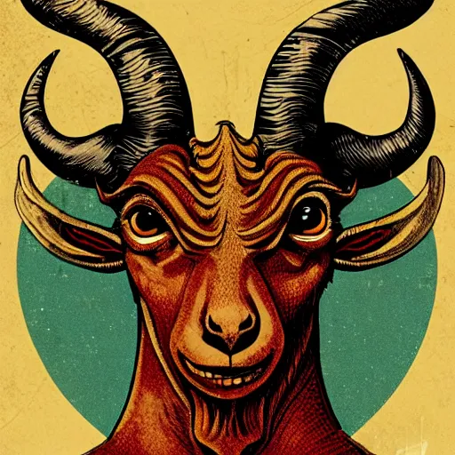 Image similar to goat - headed devil, looking at the camera, holding a human head, whose eyes are still wide. symmetrical anatomy, very detailed design, complexity of the picture, with pop punk style, colorful, accompanied by body, pure image without duplication, trending dribble, drawn by vinicius gud and gustavo zambelli