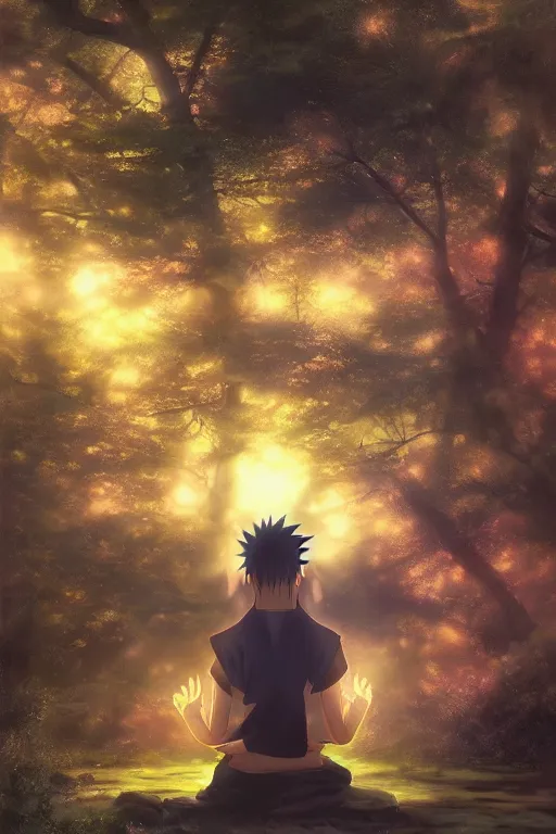 Image similar to photorealistic dark fantasy concept art of Naruto meditating in a forest, dynamic lighting, stunning visuals, realism, cinematic, hyper detailed, ultra detailed, beautiful visuals and sunset