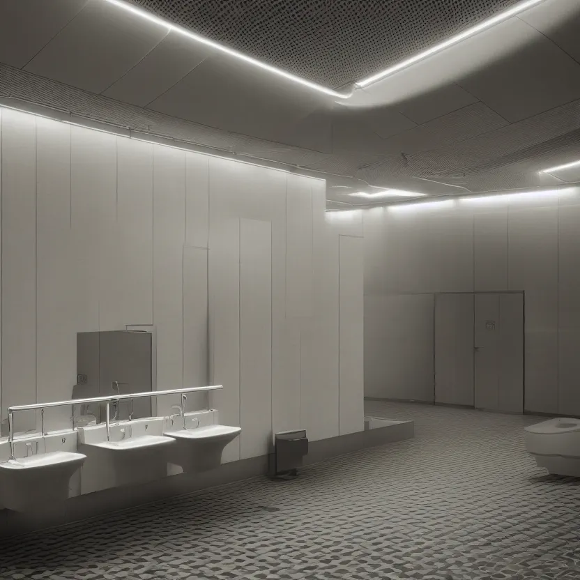 Image similar to an infinite public restroom with endless stalls and endless sinks fading into the distance, cinematic lighting, volumetric lighting, award winning photography, highly detailed, intricate, sharp focus, 4 k wallpaper, unreal engine, 9 0 mm, f / 1. 4