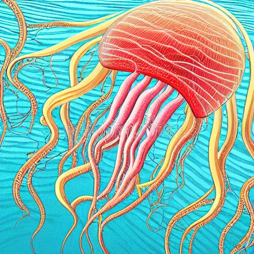 Prompt: hyperdetailed modern childrenbook illustration of a huge transparent!!! rose and white and transparent jellyfish, with long convoluted tentacles, made of soft silk, floating in the ocean. seen from the distance. transparent natural textures. matte background