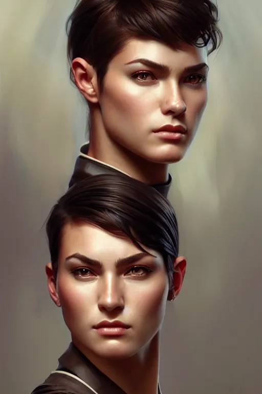 Prompt: photorealistic portrait of a young butch professional woman, handsome, female, masculine, upper body, fantasy, fierce, sharp features, intricate, elegant, highly detailed, digital painting, artstation, concept art, matte, sharp focus, illustration, art by artgerm and greg rutkowski and alphonse mucha