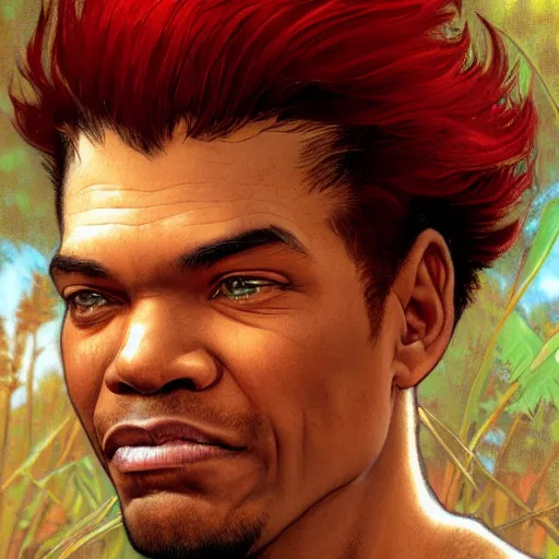 Prompt: highly detailed closeup portrait of phil lamarr with red hair, very detailed, realistic, card, by stanley artgerm lau, greg rutkowski, thomas kindkade, alphonse mucha, loish, norman rockwell j.