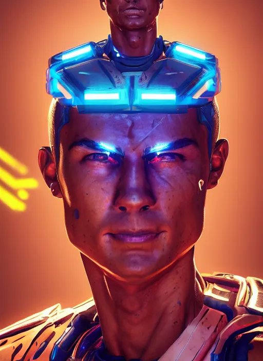 Prompt: glowwave portrait of cristiano ronaldo from borderlands 3, au naturel, hyper detailed, digital art, trending in artstation, cinematic lighting, studio quality, smooth render, unreal engine 5 rendered, octane rendered, art style by klimt and nixeu and ian sprigger and wlop and krenz cushart.
