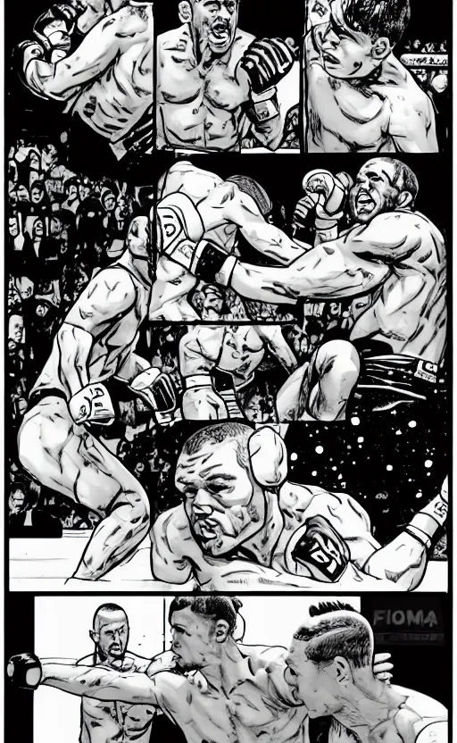 Image similar to a comic page of a mma fight