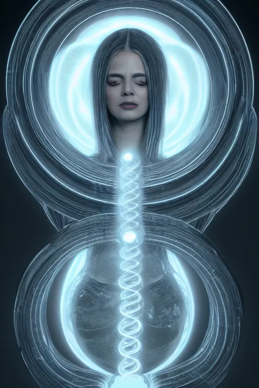 Image similar to a centered render of a goddess emitting a glorious energy from a circular portal on her head and is surrounded by spiral mandel bulb fractals, powerful, cinematic, beautifully lit, by artgerm, by h. r. giger, 3 d, trending on artstation, octane render, 8 k