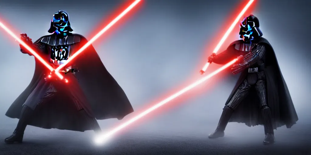 Prompt: a still of Darth Vader fighting with Darth Maul, fog, bokeh, light sabers, red glowing. 8K. detailed. photorealism. ultra realistic