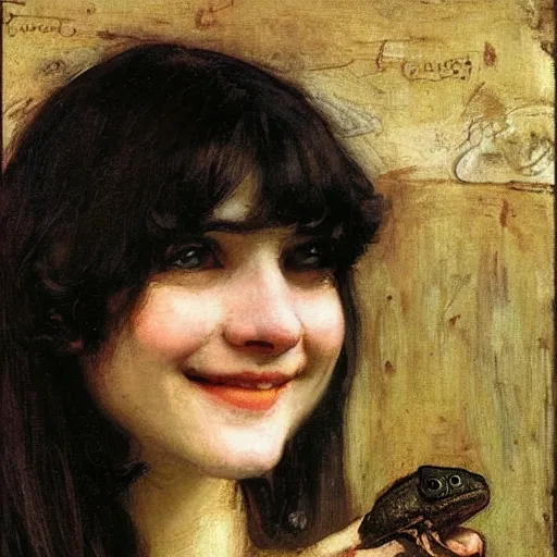 Image similar to black haired young woman holding a toad and smiling, john william waterhouse, soft lighting, romantic, love