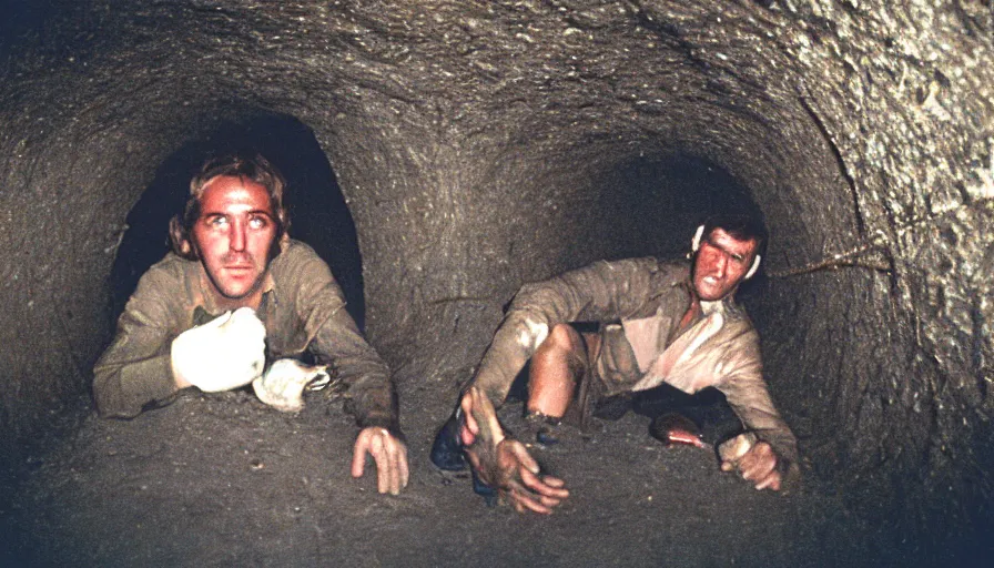 Prompt: 1 9 7 0 s movie still of a man in a barque in a bloodytunnel, cinestill 8 0 0 t