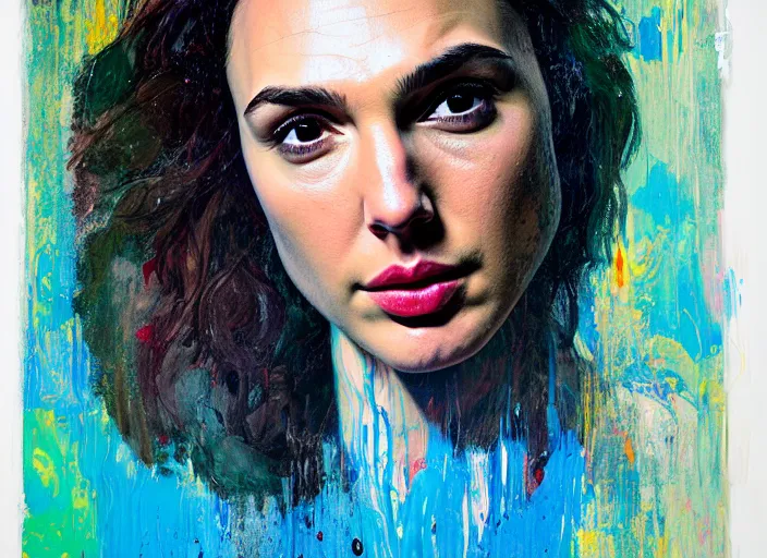 Image similar to portrait of gal gadot in tears, by vincent lefevre and hernan bas and pat steir and hilma af klint, psychological, photorealistic, dripping paint, washy brush, rendered in octane, altermodern, masterpiece