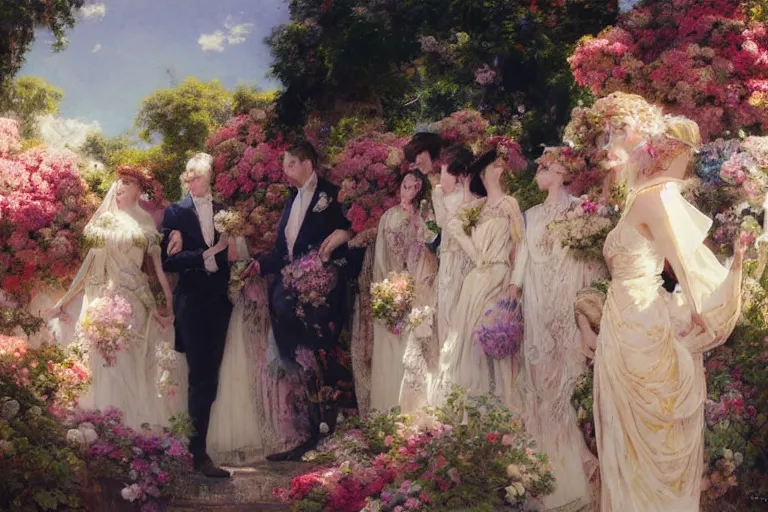 Image similar to the groom look at the bride at a wedding full of flowers, bright and happy, dreamlike art, highly detail, 4 k realistic, wedding photoy krenz cushart, artem demura, yoji shinkawa artgerm, jon lothian, danilo torres. adi meyers. thomas reimann. gaston bussiere.