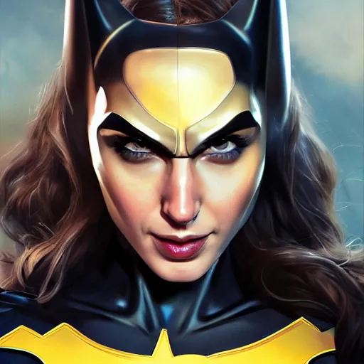 Image similar to a close up face of gal gadot as batgirl, by Stanley Artgerm Lau, WLOP, Rossdraws, James Jean, Andrei Riabovitchev, Marc Simonetti, Yoshitaka Amano, ArtStation, CGSociety,