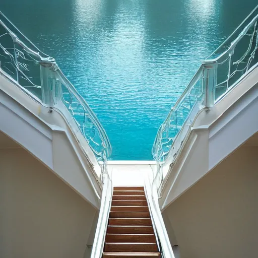 Image similar to liminal staircase in the middle of a long hallway, shallow blue water