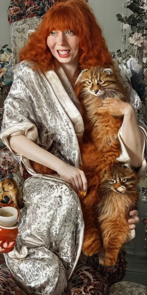 Image similar to a stunning hyper-detailed photorealistic painting of only one slender beautiful smiling woman with long ginger hair and bangs, wearing a luxurious silk robe, wearing headphones and posing with her large ginger tabby cat and her raccoon and parrots in an overstuffed easy chair in her sunlit victorian living room, holding a porcelain parrot-shaped coffee mug and a donut, perfect eyes, fashion photography, cinematic lighting, octane render, IBEX Masters, unreal engine, 85 mm lens,