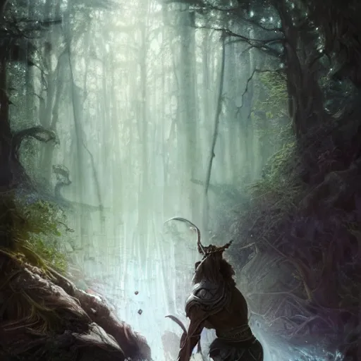 Prompt: epic fantasy portrait of a earth and nature god with medium length brown hair and a husky beard holding a dark metal sword in the deep forest as he looks at us, oil painting by Greg Rutkowski and Charlie Bowater and Artgerm, unreal 5, DAZ, epic RPG Portrait, trending on artstation, dynamic lighting, late afternoon lighting, forest, green theme, afternoon light