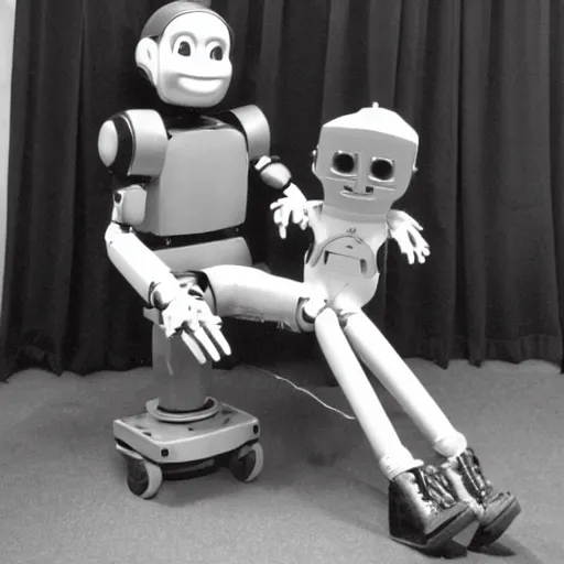 Prompt: pretty ventriloquist dummy sitting on a robot's knee