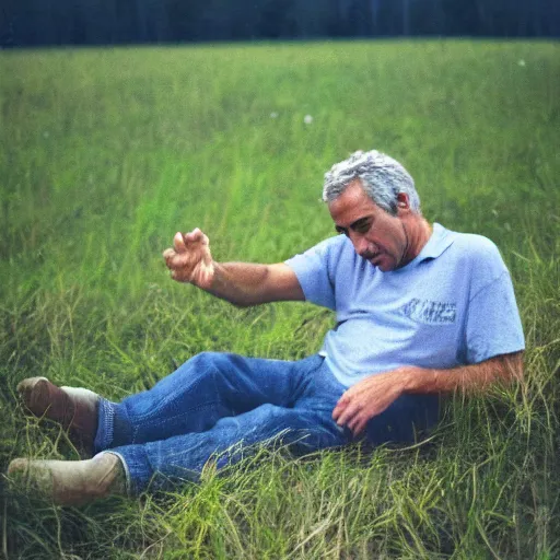 Prompt: jeffrey epstein in the middle of nowhere in the middle of a meadow accidentally photographed, accidental photo portra 8 0 0 in the 9 0 s