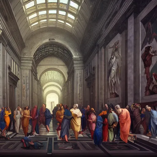 Prompt: the school of athens in cyberpunk style, iconic paiting, concept art, art, hyper detailed, intricate, 8 k, illustration