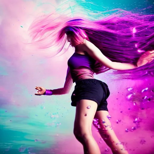 Image similar to a award winning half body portrait of a beautiful woman in a croptop with a ombre purple pink teal hairstyle with head in motion and hair flying, water bubbles, outrun, vaporware, vivid colors, highly detailed, fine detail, intricate