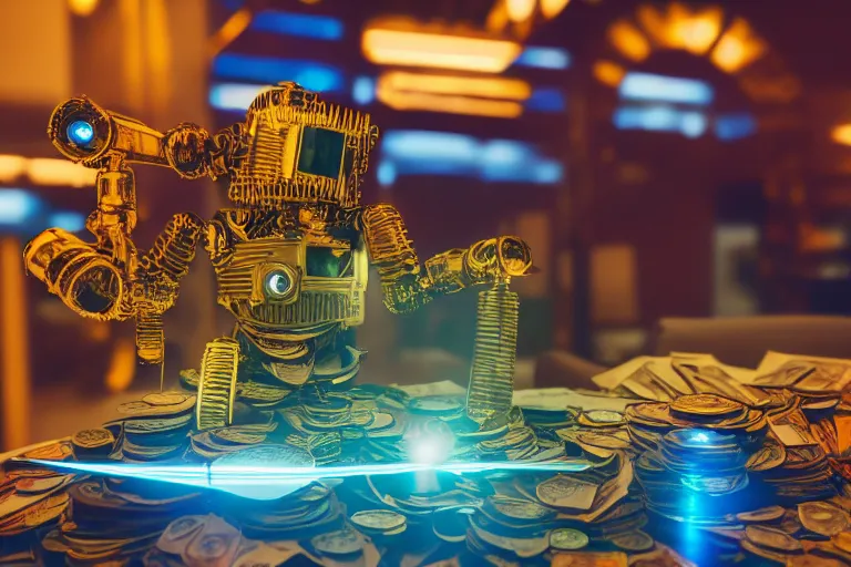 Image similar to photo of a golden and blue metal steampunk office robot with gears and tubes sitting in an office, on the office table and floor is a mountain of money bills, eyes are glowing red lightbulbs, moneybills all over the place, shiny crisp finish, 3 d render, 8 k, insaneley detailed, fluorescent colors, background is multicolored lasershow