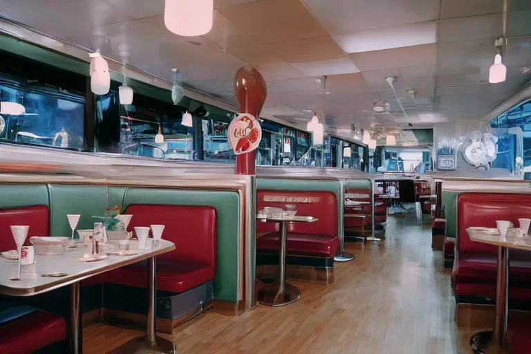 Image similar to 2001 y2k diner, extending forever into the infinite horizon 85mm f/11 interior photography two point perspective