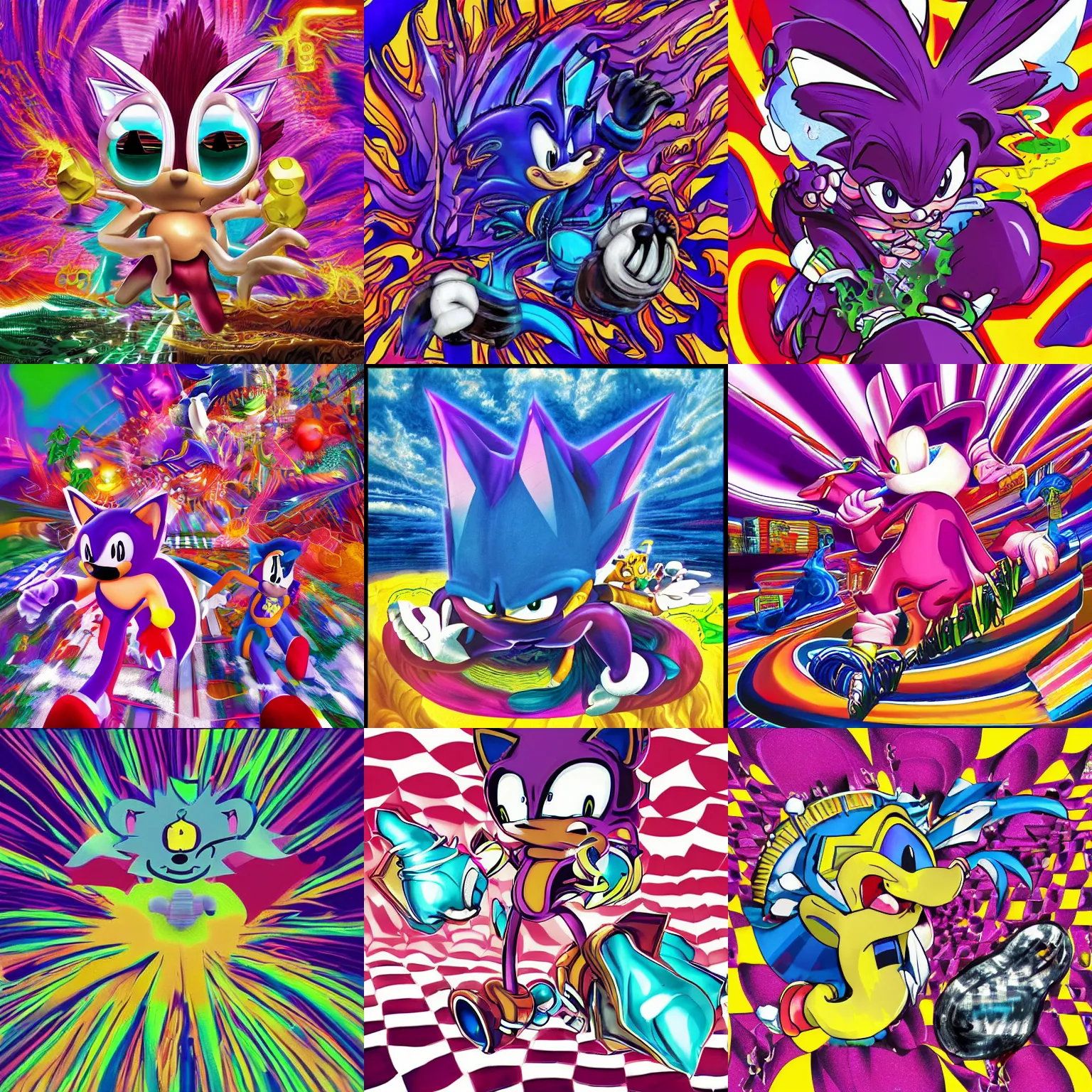Prompt: surreal vaporwave, sonic hedgehog, sharp, detailed professional, high quality portrait sonic airbrush art MGMT album cover portrait of a liquid dissolving LSD DMT sonic the hedgehog surfing through cyberspace, purple checkerboard background, 1990s 1992 Sega Genesis video game album cover