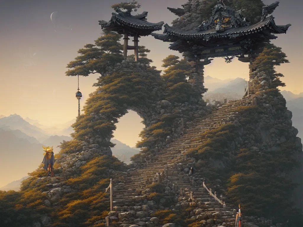 Image similar to a simple shinto gate stands atop stone stairs on a mountain, by peter mohrbacher and dan mumford and nekro, cgsociety, volumetric light, 3 d render