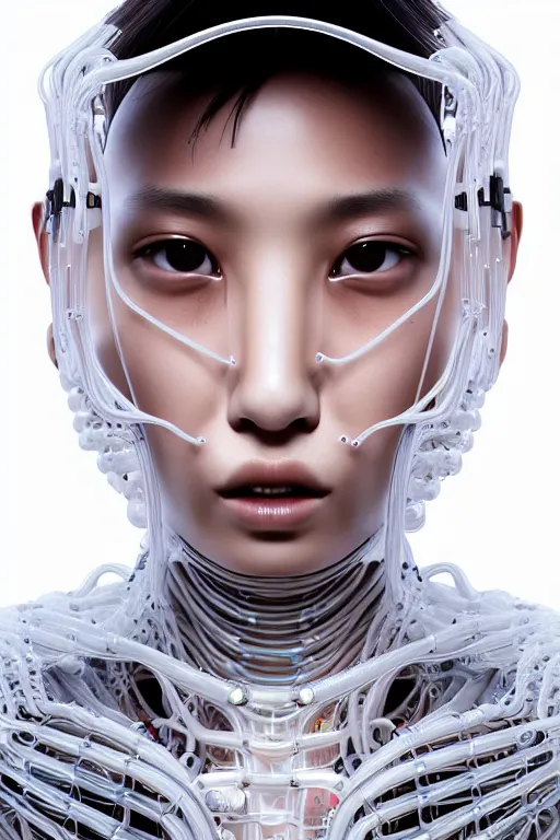 Image similar to young asian woman, iris van herpen, beautiful face, perfect symmetrical body, full body shot, inflateble shapes, wires, tubes, veins, jellyfish, white biomechanical details, wearing epic bionic cyborg implants, masterpiece, intricate, biopunk, vogue, highly detailed, artstation, concept art, cyberpunk, octane render