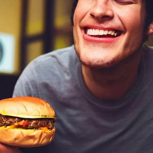 Prompt: a person eating a very very big hamburger that don't even fit in his mouth