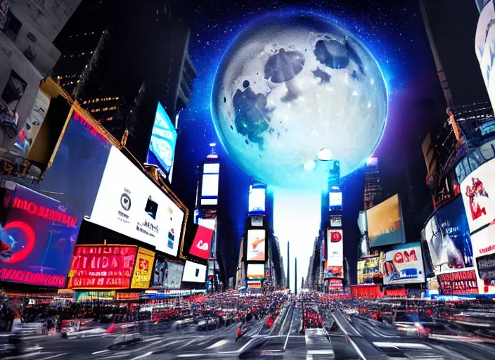 Image similar to film still of the moon shattering into pieces over time square in the new disaster movie, 8 k, night time