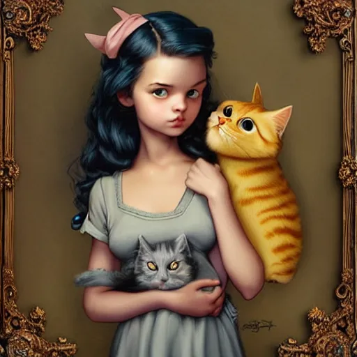 Image similar to Lofi portrait of a girl holding a cat, Pixar style by Joe Fenton and Stanley Artgerm and Tom Bagshaw and Tim Burton