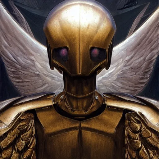 Prompt: golden heavy armored angel, wings made of light, metal halo, no face, hooded, gold, fantasy, concept art, digital art, ultra realistic, wayne barlowe