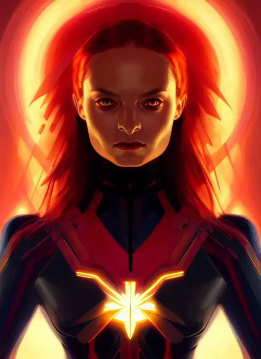 Image similar to symmetry portrait of dark phoenix, sci - fi, tech wear, glowing lights, intricate, elegant, highly detailed, digital painting, artstation, concept art, smooth, sharp focus, illustration, art by artgerm and greg rutkowski and alphonse mucha