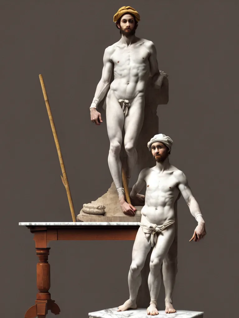 Image similar to a full body image of a twenty - something michelangelo standing in contrapposto wearing peasant clothing of the renaissance. a chisel and mallet sit on a table nearby. a large block of marble dominates the background. photorealistic, hyperdetailed, studio lighting, octane render, caustics