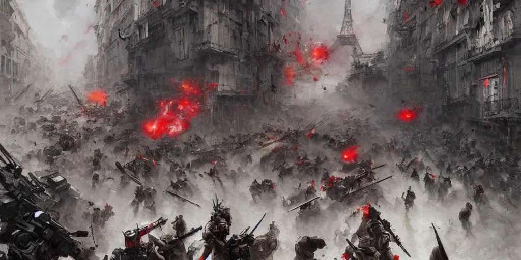 Image similar to french army and civilians are getting slaughtered by demonic samurai robot in the interbellum paris, very detailed painting, concept art, intense heavy street battle, pile of bodies, blood on the streets, art by greg rutkowski and jakub rozalski