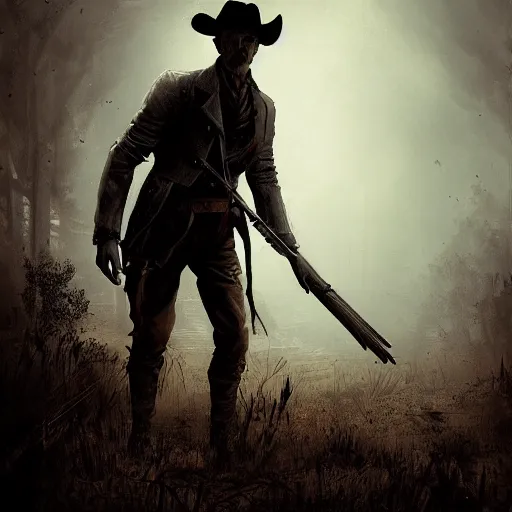 Image similar to a digital portrait of a human hunter from hunt showdown, holding a revolver, western era, hyper realistic, horror, back lighting, luisiana, in the style of greg rutkowski,