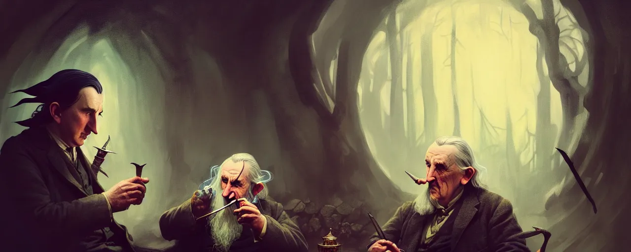 Image similar to duotone concept illustration 3 / 4 portrait of jrr tolkien in hobbit house smoking pipe with gandalf in rustical style. cinematic volumentric lighting. accidental renaissance. by sachin teng and sergey kolesov and ruan jia and heng z. graffiti art, scifi, fantasy, hyper detailed. octane render. concept art. trending on artstation