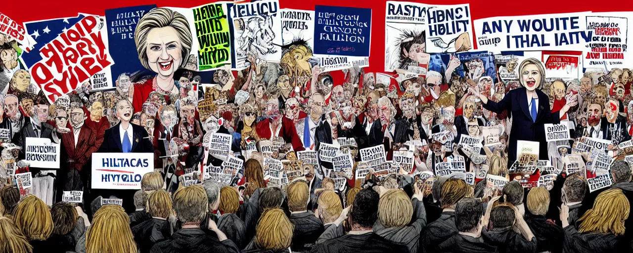Image similar to an political caricature of hilary clinton at a podium surrounded by a crowd of angry protestors with signs, by gerald scarf and ralph steadman, illustration, ink drips, front angle, ink splatters, pen and ink, flat color, drawing, facing front, anatomically correct, beautiful perfect face, sharp focus, highly detailed, cinematic lighting, 8 k, hd
