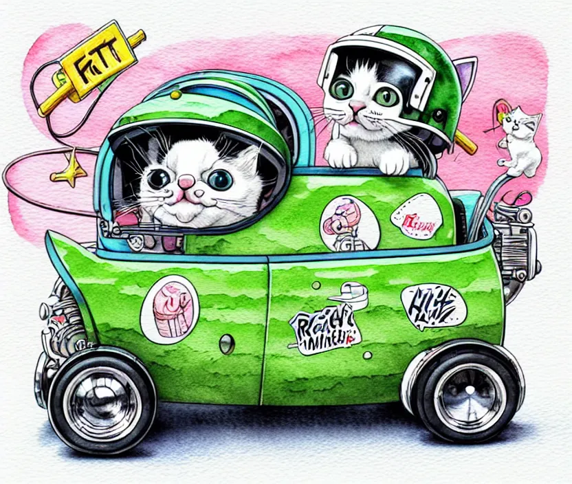 Image similar to cute and funny, kitten wearing a helmet riding in a tiny hot rod with oversized engine, ratfink style by ed roth, centered award winning watercolor pen illustration, isometric illustration by chihiro iwasaki, edited by range murata, tiny details by artgerm and watercolor girl, symmetrically isometrically centered