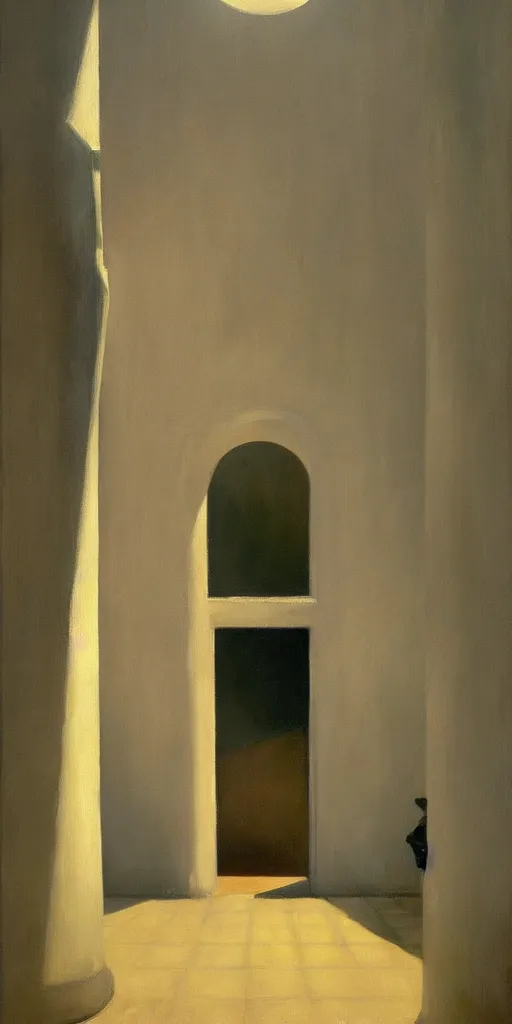 Image similar to entrance to ethereal realm, cinematic and highly detailed oil painting by josep tapiro baro and edward hopper, trending on artstation, oil painting masterpiece, symmetry, mysterious, very very very aesthetic