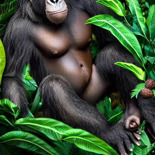 Image similar to intricate jungle scene featuring a creature that has the body of an ape and the head of a cat, extreme detail, hyperrealistic photo, gloomy