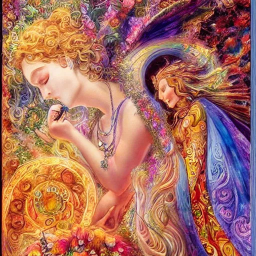 Image similar to goddess checking her phone, by josephine wall, trending on artstation, amanda sage