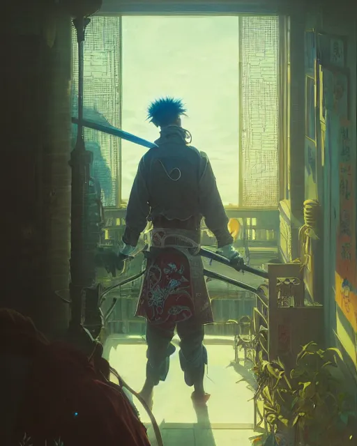 Image similar to highly detailed surreal vfx portrait of a nowpunk samurai, stephen bliss, unreal engine, greg rutkowski, loish, rhads, beeple, makoto shinkai and lois van baarle, ilya kuvshinov, rossdraws, tom bagshaw, alphonse mucha, global illumination, detailed and intricate environment